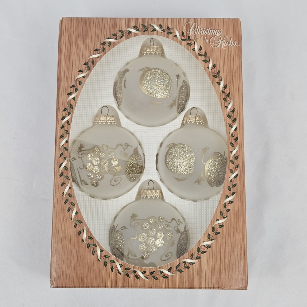 Vintage Christmas by Krebs Glass Ornaments White Glitter Fruit Elegant Opulent